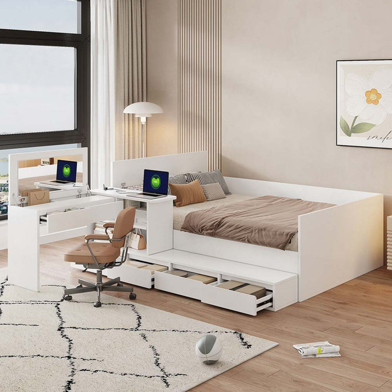 Lit plateforme en bois avec 6 tiroirs, tablettes et coiffeuse, Blanc