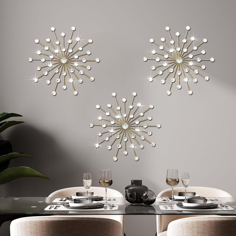 Metal Sunburst Wall Decor Set of 3, Gold Starburst Wall Art with Crystal Accents, Modern Glam Wall Hanging for Living Room or Bedroom