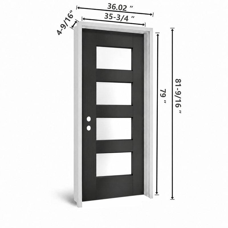 Porte d'entrée en fibre de verre noire 91,4 cm x 203,2 cm, 4 carreaux en verre dépoli, ouverture à droite vers l'intérieur