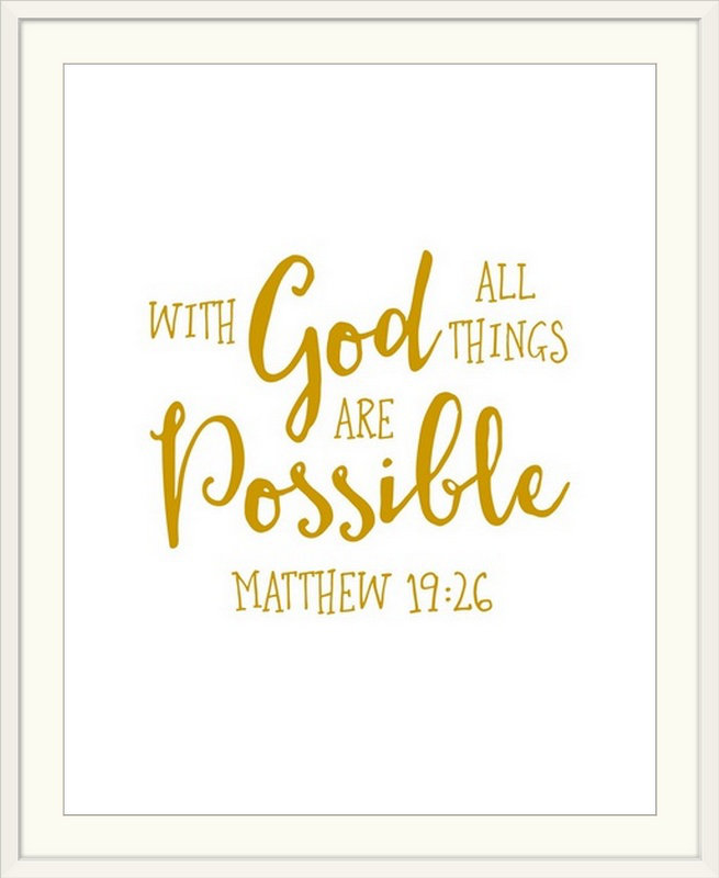 « matthew 19:26-scripture art », art textuel, H 28 po x l 24 po x P 1 po, Cadre blanc