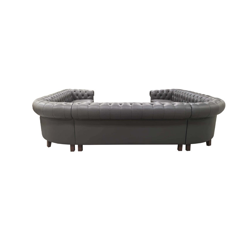 Canapé modulaire en forme de U vintage en cuir avec capitonnage à boutons, Top Grain Leather - Blue Grey