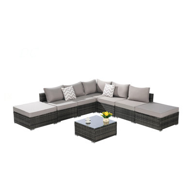 8 Pieces Outdoor Patio Sectional Sofa Couch,Wicker Furniture Conversation Sets With Washable Cushions & Glass Coffee Table For Garden, Poolside, Backyard