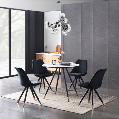 Pala 4 Person Dining set - a Round Wooden Dining Table with Metal Legs and a Set of 4 Quilted Velvet Dining Chairs for Dining Room - Modern Dining Table Set