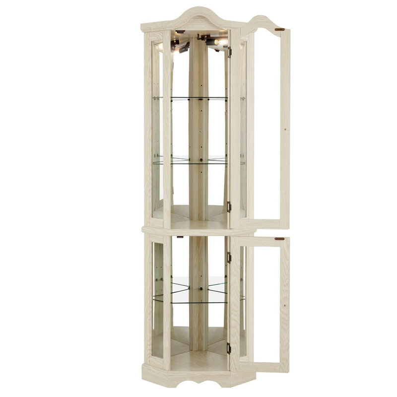 Curio Cabinet Lighted Glass Display Curio Cabinet W/Tempered Glass Doors And Shelves, Crown Corner Cabinet With Bulb, Corner Storage Decoration For Living Room And Bedroom WHI