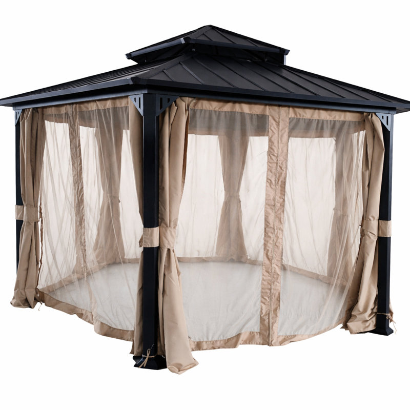 Classic 13X15 Ft Aluminum Alloy Hexagon Gazebo With Double Roof For Patio Lawn And Garden, Curtains And Netting Included, Dark Gray