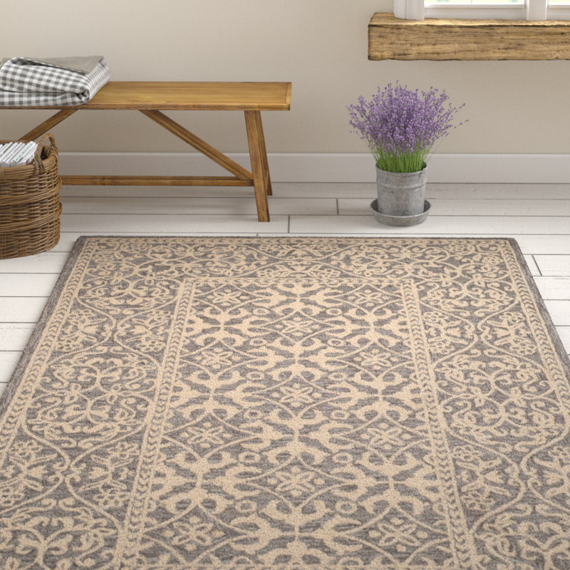 Guzi Suzani Hand Hooked Wool/Cotton Oriental Rug in Grey/Beige, Square 5'  