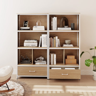 5-Tier Modern Freestanding Bookcase with 4 Storage Compartments & Fabric Drawer Natural + White