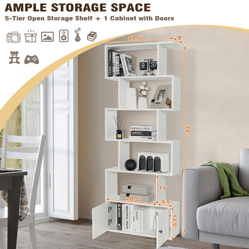 72''H X 27.5''W 2 PCS 6-Tier Bajulal Geometric Storage Bookcase, White