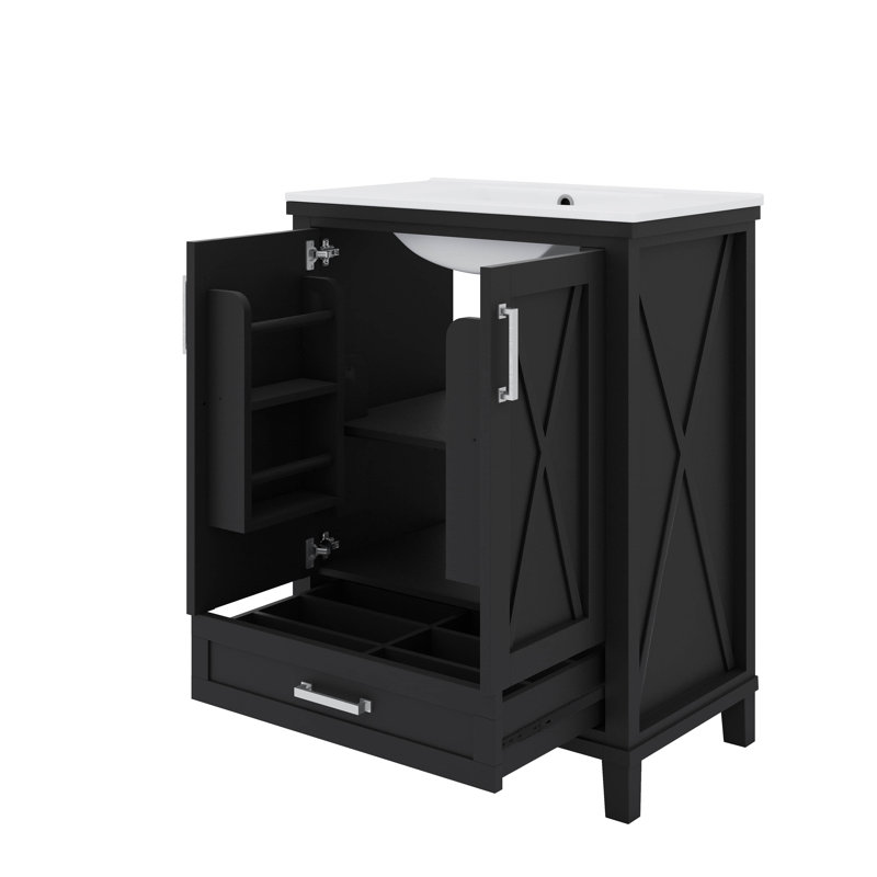 Meuble-lavabo de 24 pouces avec lavabo simple, 2 portes à fermeture douce, 1 tiroir divisé, 2 tablettes de rangement, Noir