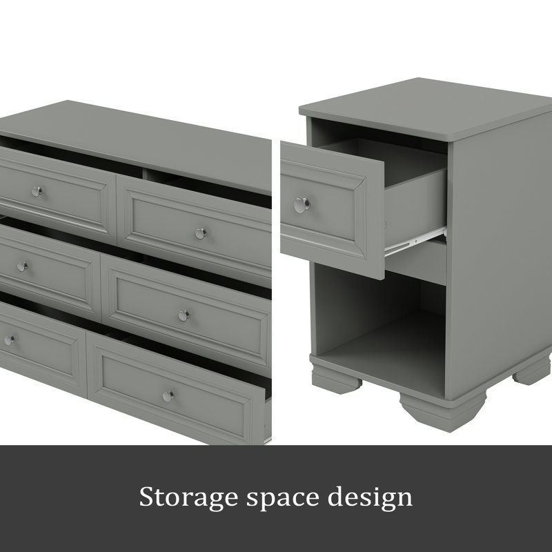 Ensemble de chambre à coucher de style rétro 4 pièces, lit plateforme grand avec un design élégant, table de chevet et commode avec poignée en métal