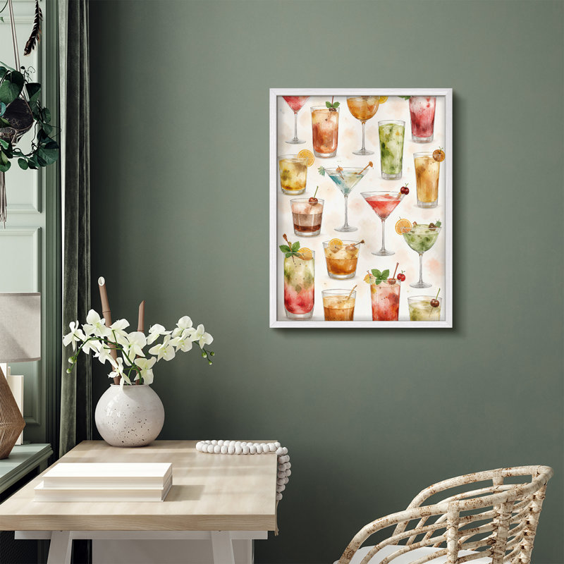 Colorful Cocktail Pattern Framed Wall Art Prints - Mixed Drinks Design Kitchen Bar, Blanc, H 16 po x l 12 po
