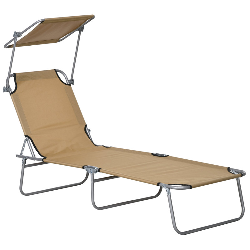 Chaise longue d'extérieur Outsunny, chaise longue pliante réglable, chaise de bronzage avec pare-soleil pour la plage, le camping, la randonnée, la cour arrière, brun clair