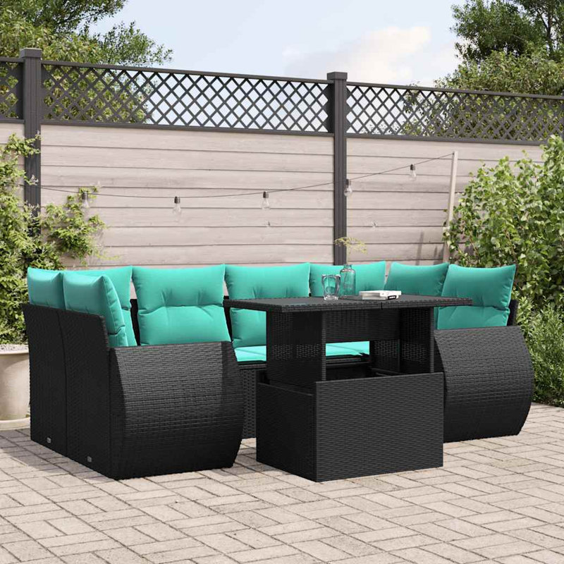 Ensemble de canapé de patio 7 pièces avec coussins en rotin de polyester, Bleu clair, Noir