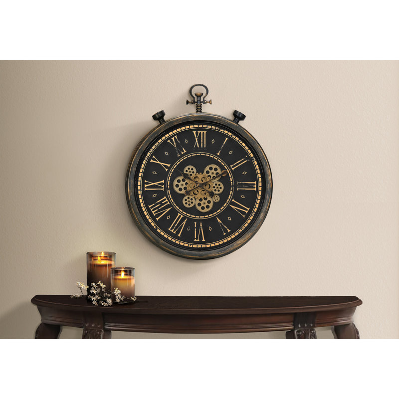 Clocks, 24" Round, Gear Mechanism, Wall Clock, Brown, Transitional