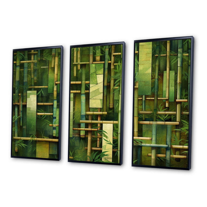 Whispering Bamboo Geometric Patterns - Ensemble de salon mural en bambou, Cadre flottant noir, H 40 po x l 60 po x P 1 po