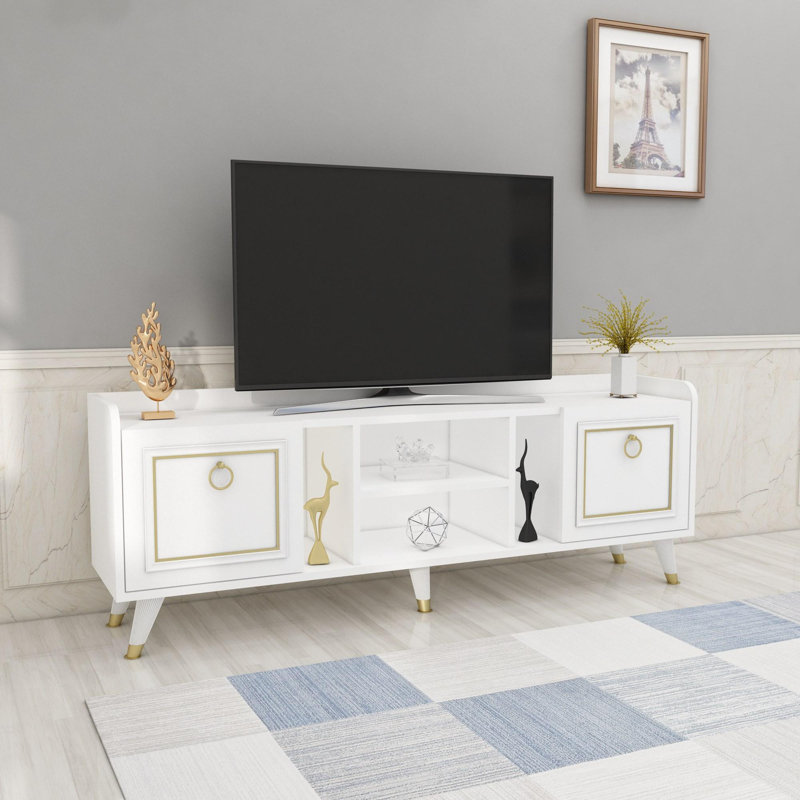 Meuble télé élégant avec pieds en fer, finition blanche et dorée, 59,1 po x 21,7 po x 13,8 po | 100% panneau de particules enduit de mélamine, épaisseur: 0,7 pouce | Design moderne et glamour, parfait pour le salon et les espaces de divertissement