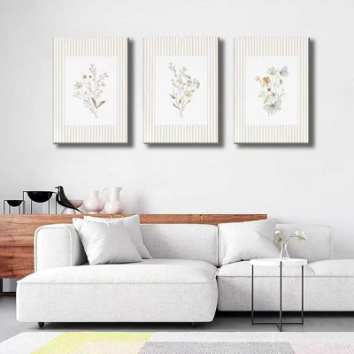 3Psc rayé floral toile art mural neutre fleur minimaliste peinture photo décoration murale Boho rétro fleur sauvage affiche impression pour salon salle de bain décoration de la maison 24 x 16 pouces
