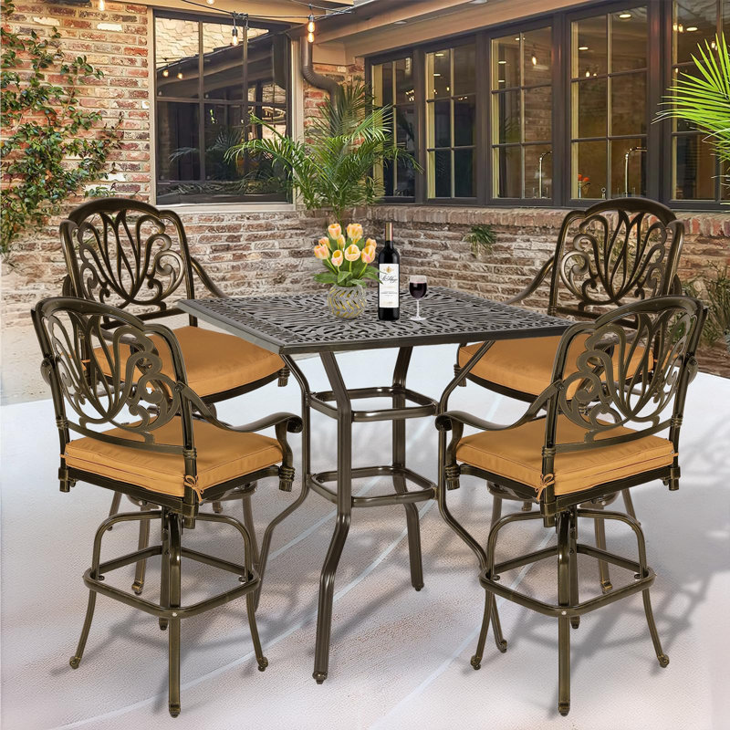Meetwarm 5-Piece Patio Swivel Bar Set, All-Weather Cast Aluminum Outdoor High Bar Stool Bistro Set For Backyard Garden With 4 Cushions Bar Chairs With Footrest And 35.4" Bar Table, 2.2" Umbrella Hole