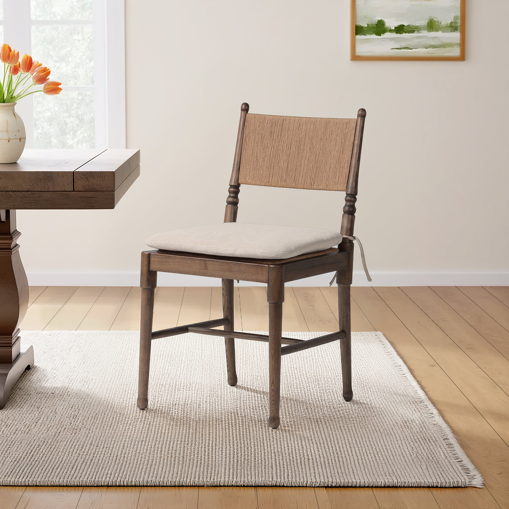 Fayth Dining Chair with Cushion, Dune Linen, Antique Walnut