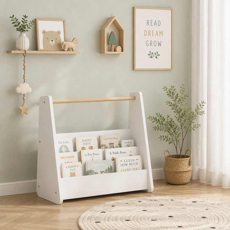 Étagère pour enfants avec poignée en bois, bibliothèque à 2 niveaux pour tout-petits, rangement de livres portatif pour enfants, blanche