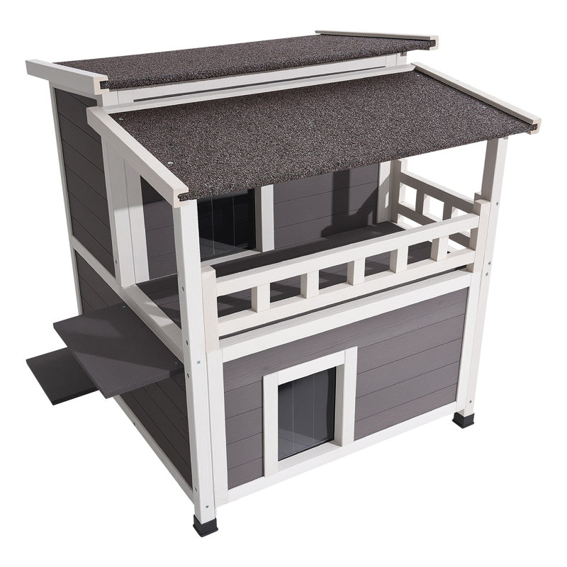 Maison pour chat isolée en bois - Abri pour chat extérieur de 2 étages avec balcon et isolation en mousse pour l'hiver