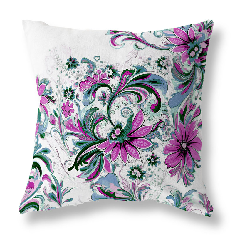 Green and Lavender Floral Faux Suede Square Throw Pillow