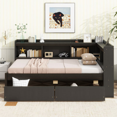 L-Shaped Bookcases Bed With Power Outlets, USB Charging Ports,Two Drawers