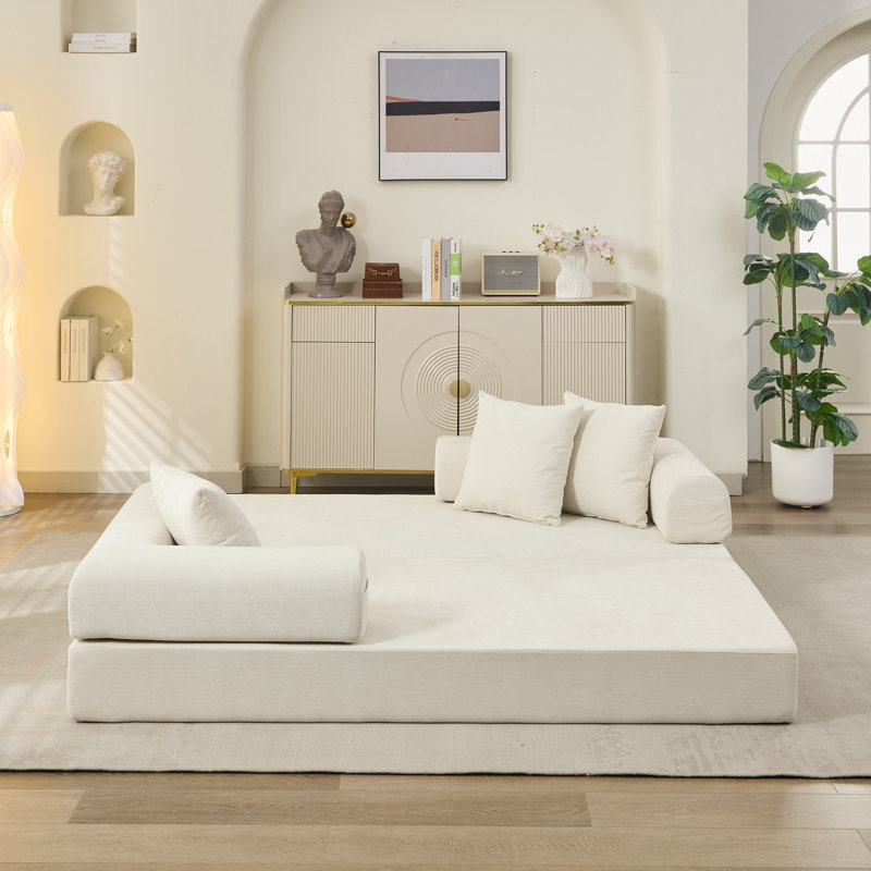 Beige Comfy Convertible Folding Mattress Couch – Chenille Floor Sofa Bed With Armrest For Living Room, Bedroom, Lounge, Studio