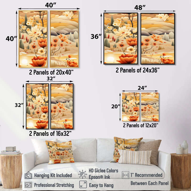 Motif bohème de fleurs de prairie beige - ensemble d'art mural beige, H 36 po x l 48 po, Impression encadrée flottante, Noir