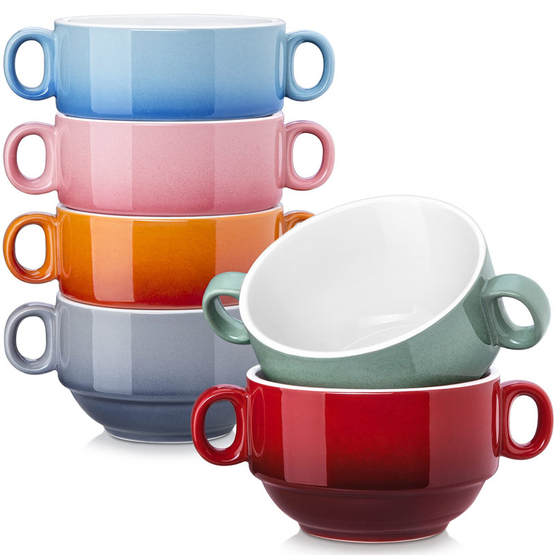 Soup Bowl With Handle 380Ml 13Oz, Ceramic French Onion Soup Bowl, Stackable Handle Bowl Set Of 6