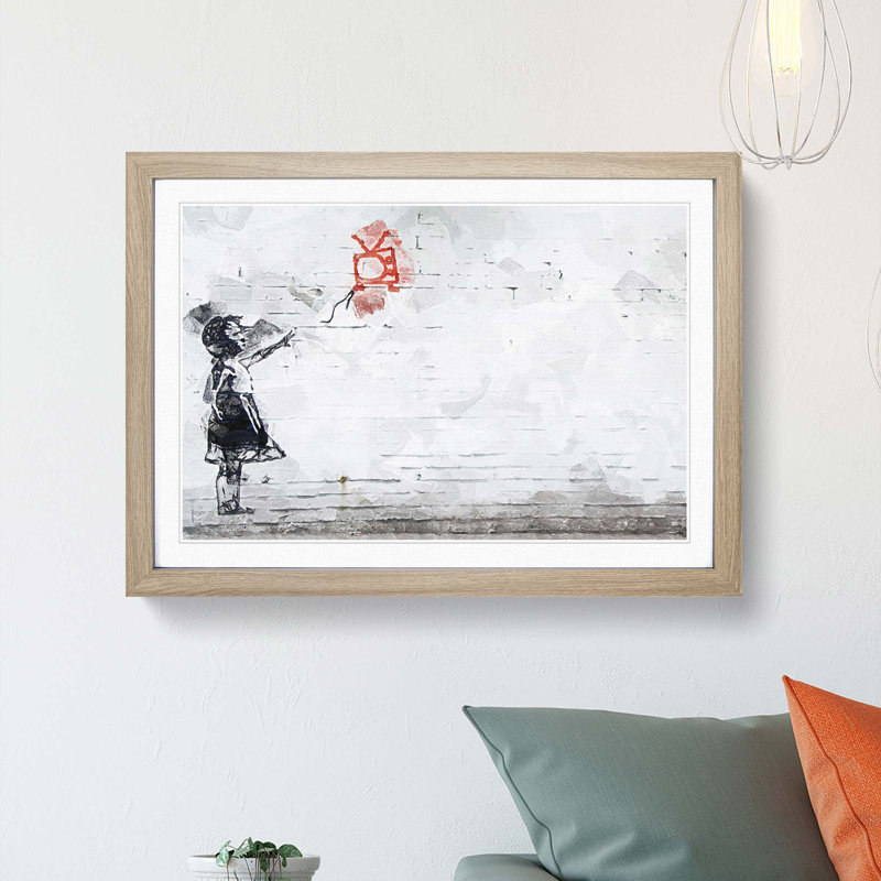 Balloon TV Girl by Banksy - Picture Frame Drawing Print, Oak Framed, 36cm H x 48cm W x 2cm D