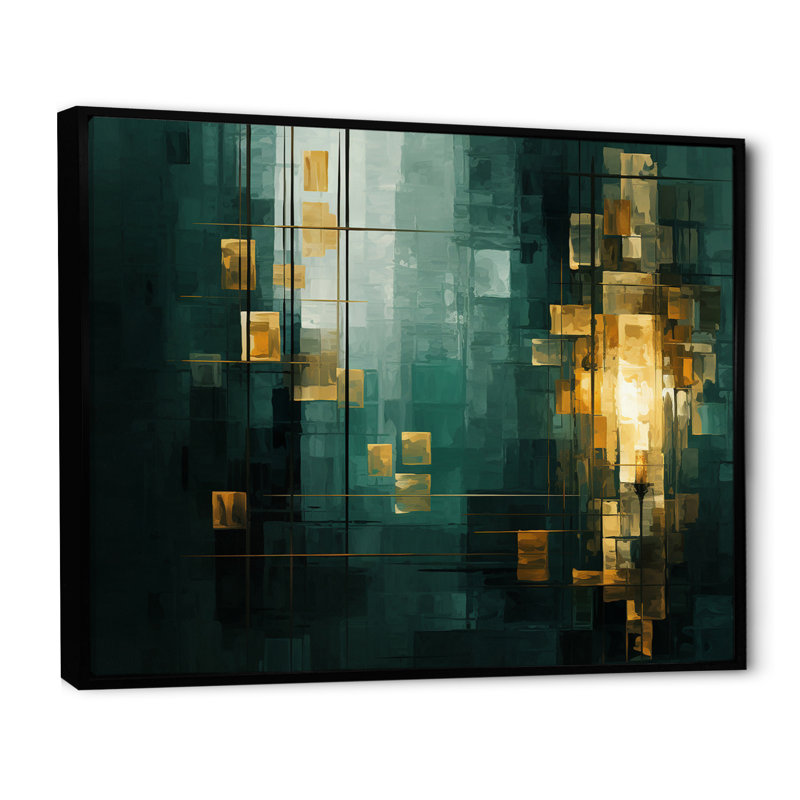 Sudden Serenity Abstract Teal And Gold I - Abstract Painting Wall Art Prints, Cadre flottant noir, H 30 po x l 40 po