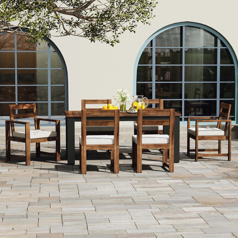 Ensemble 7 pièces de table et chaises de patio avec trou pour parasol, 2 fauteuils et 4 chaises d'appoint, Mocha / noir