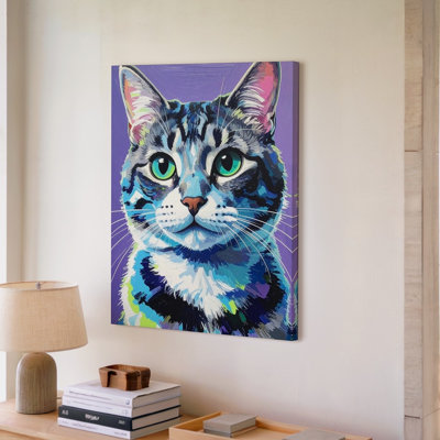 Art mural, néon, Pop Art, tabby, portrait de chat électrique dans des tons psychédéliques, toile de fond prête à accrocher, décoration moderne