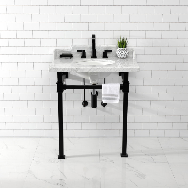Kingston Brass Viceroy 30-Inch Carrara Marble Console Sink with Stainless Steel Legs (8-Inch, 3-Hole)