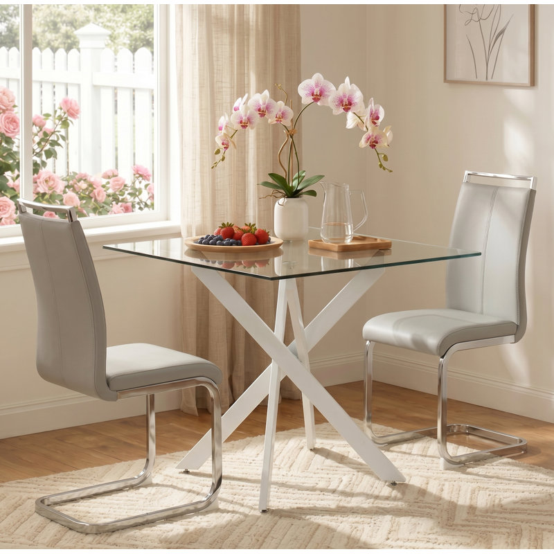 35" Modern Minimalist Square Tempered Glass Dining Table with X-Cross Metal Base, Matte White