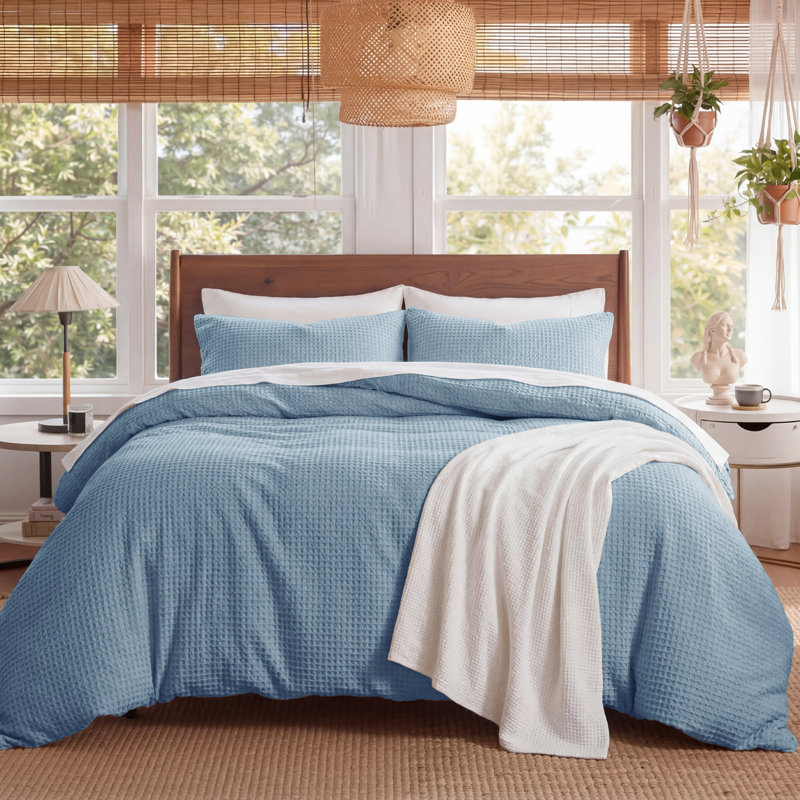 Ensemble de housse de couette à tissage gaufré 100% coton Essential Collection, Bleu grisâtre