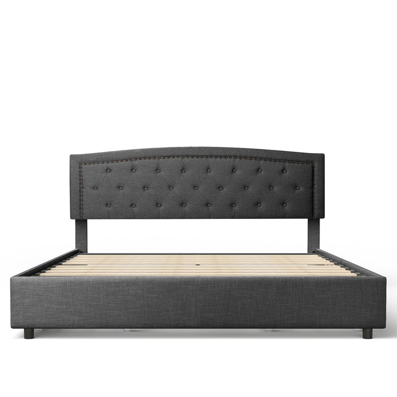 Structure de lit tapissier avec 4 tiroirs Tomoyo, Gris foncé