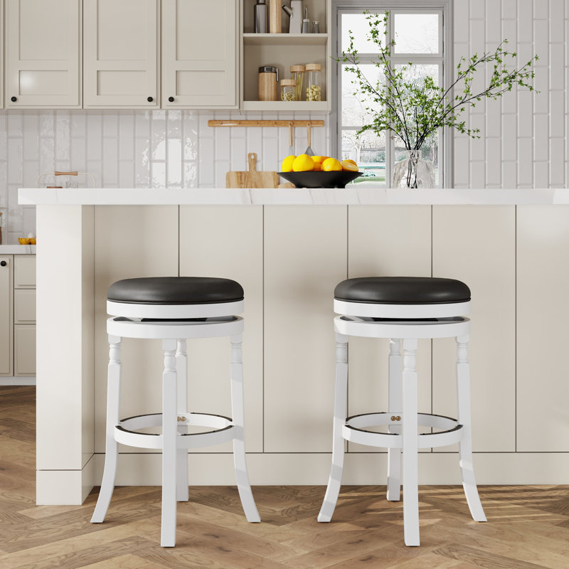 Tabouret de bar 30 po blanc avec siège en cuir noir, bois franc, tabouret tournant à 360 degrés, cuir, structure en bois franc, fauteuil pivotant à 360 degrés