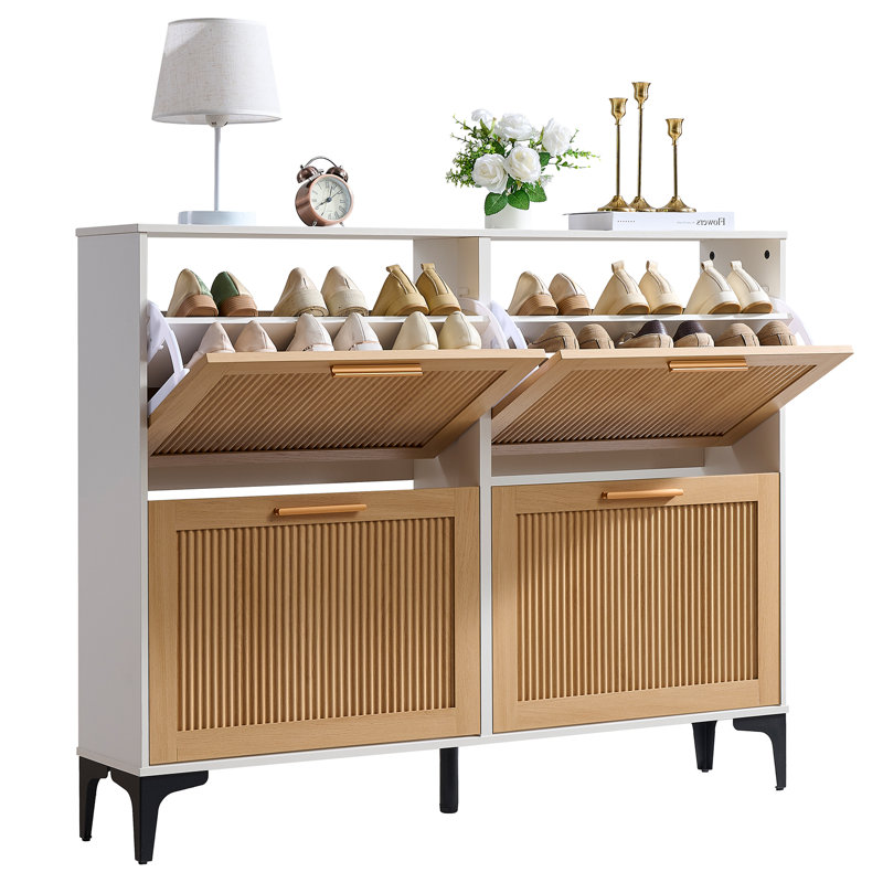 Fluted 4 Flip Drawers Shoe Storage Cabinet, White and Natural Oak, 1 Pcs, White/Natural Oak