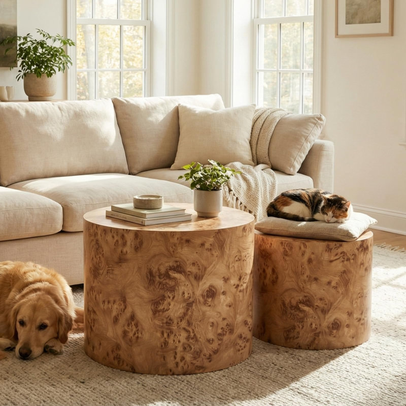 Ensemble de 2 tables d'appoint gigognes rondes en bois de noyer, aucun assemblage requis, Brun