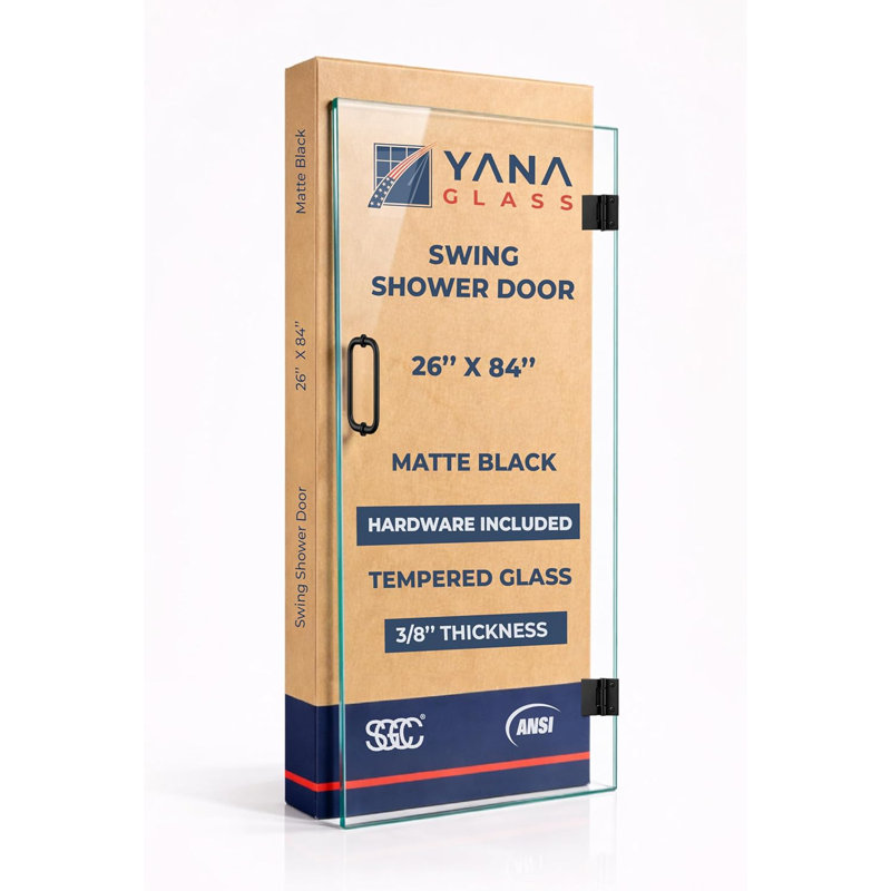 Porte de douche battante en verre trempé transparent de 26 po x 83-5 / 8 po d'épaisseur 3/8 po avec finition noir mat