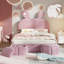 Lit plateforme tapissier pleine grandeur rose avec tête de lit à oreilles, lumières DEL, tabourets de rangement, aucun sommier nécessaire