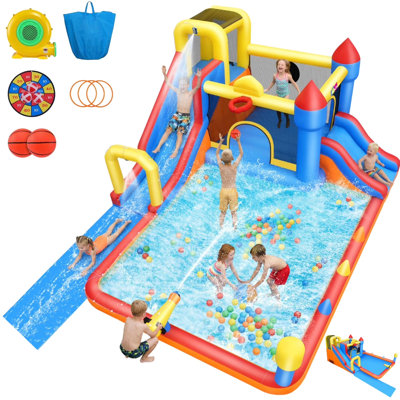 18' X 11.9' Inflatable Water Slide Bounce House With Air Blower, Extra Long Slip And Slide, Big Splash Pool For Backyard Party