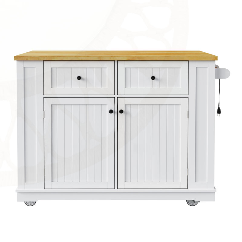 48 Inch Rolling Kitchen Island with Drop Leaf, Power Outlets, and Ample Storage for Modern Kitchens and Dining Rooms, White