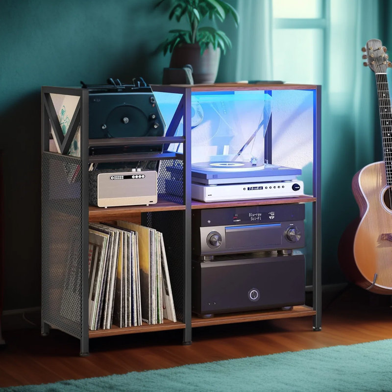 3-Tier Vinyl Record Stand With Built-In Power Outlets & Rgb Led Lights, Sturdy Metal Frame Media Storage Cabinet Holds 300+ Albums, Multi-Functional Turntable Table For Living Room