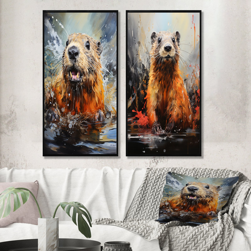 «Brown Dance Beaver I», ensemble de 2 impressions sur toile Beaver, Cadre noir, H 28 po x l 25 po