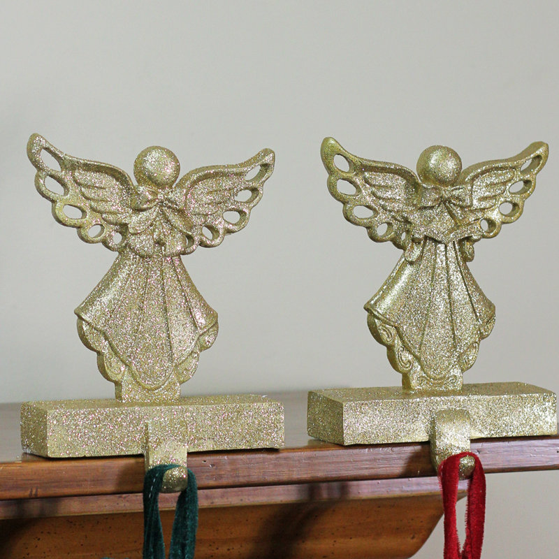 Gold Glitter Angel Christmas Stocking Holders Set of 2