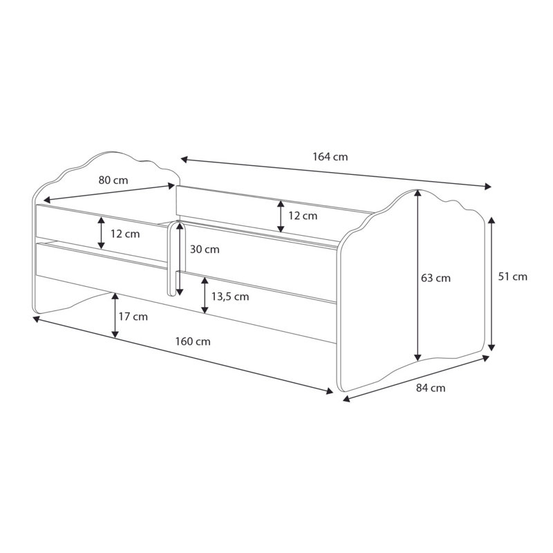 Single bed Wave with railing, European Toddler (80 x 160cm)