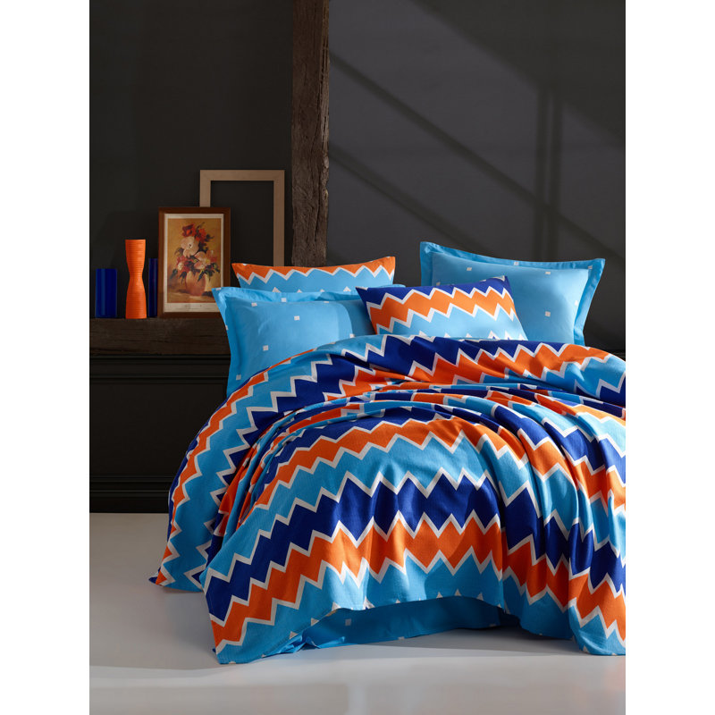 Cotton Chevron / Zig Zag Bedspread, 63" x 93" Bedspread + 2 Additional Pieces, Orange/Blue/White